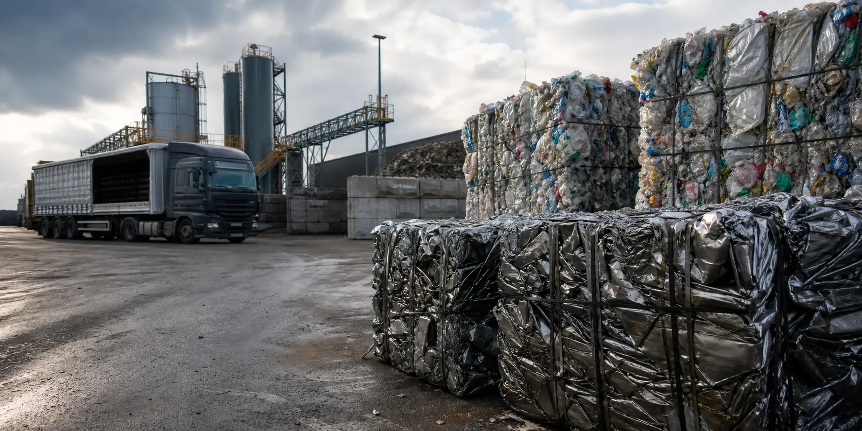 Sorted recovered materials at an industrial processing and logistics site